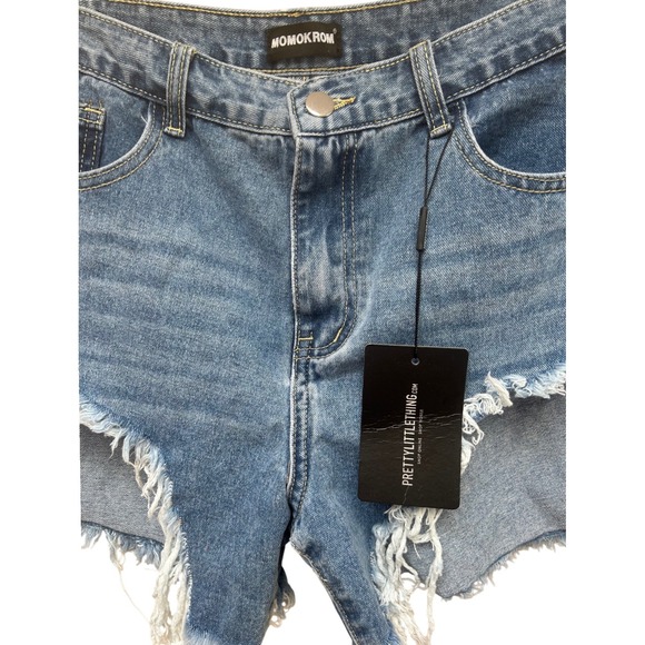 MOMOKROM PrettyLittleThing Distressed Denim Shorts Blue Cut Out Ripped Size 12 - Picture 2 of 4